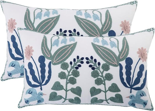 Embroidered Throw Pillow Covers 12x20 inch Set of 2 Blue Birds | Durable Fabric,Lumbar Pillow Cover,Boho Decorative,Hidden Zipper,Aesthetic Design,Ideal Gift,Machine Washable