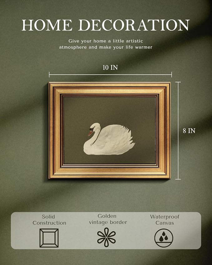 WHASAYART Gold Framed Vintage Wall Art for Living Room, Animals Painting Prints Shelf Decor for Kitchen, Aesthetic Bedroom Wall Art, Best Gifts for Friends or Family - Swan Green 10L x 8W