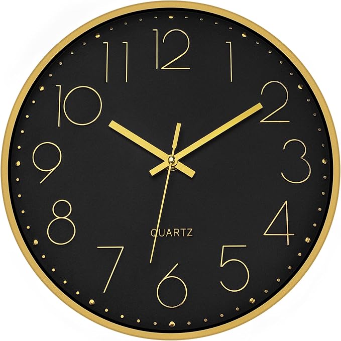 Foxtop 12" Black Gold Wall Clock Silent Battery Operated Modern Metal Clock | Non-Ticking, Round, Analog Clock, Quartz, Easy to Read, Living Room, Bedroom, Kitchen, Office