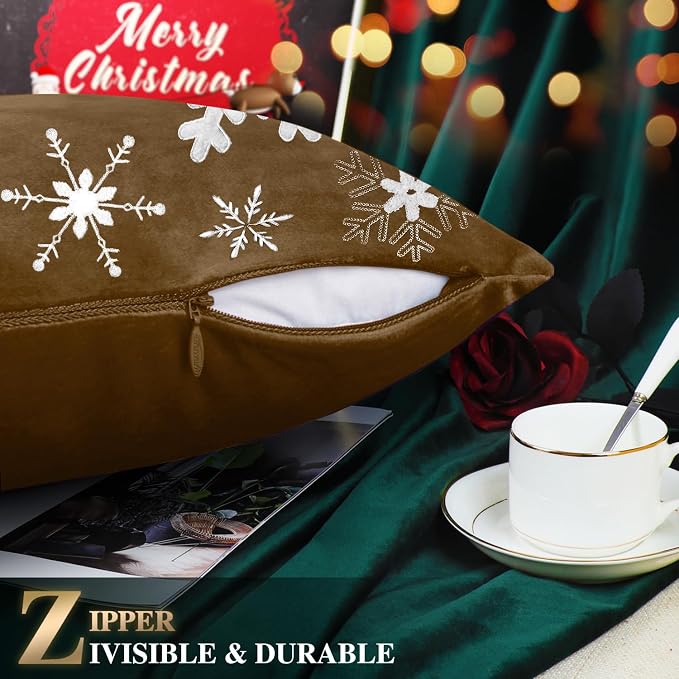 BRAWARM Christmas Pillow Cover 20 X 20 Inches, Brown Snowflake Embroidered Pillow Cover, Soft Velvet Decorative Throw Pillow for Couch Bed Sofa Living Room Home