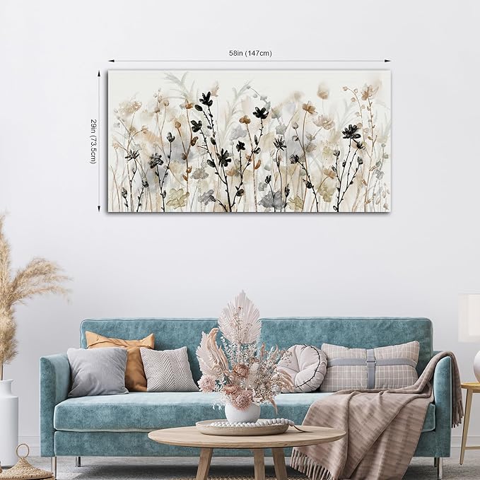 Large Framed Floral Wall Art Flowers Canvas Pictures Grey Cream Brown Abstract Botanical Canvas Painting Artwork Simple Life Wall Decor for Living Room Bedroom Kitchen Home Office Decoration 29"x 58"