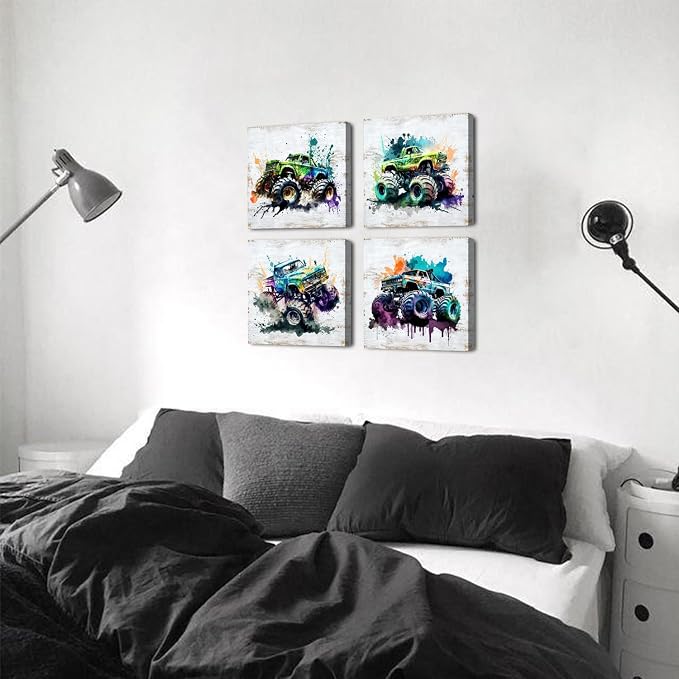 Rustic Monster Truck Wall Art Car Room Wall Decor for Boys Vintage Vehicle Posters Kids Bedroom Playroom Toddler Nursery Car Painting Canvas Prints Artwork Living Room Garage Home Decoration 12×12" 4P