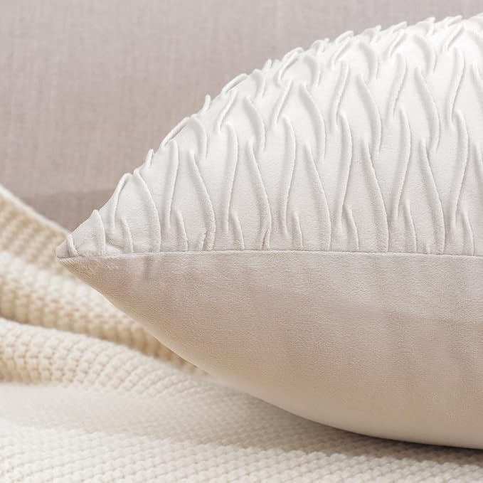 MADIZZ Set of 2 Super Soft Velvet Decorative Throw Pillow Covers 24x24 inch White Square with Texture Luxury Style Cushion Case European Pillow Shell for Sofa Bedroom