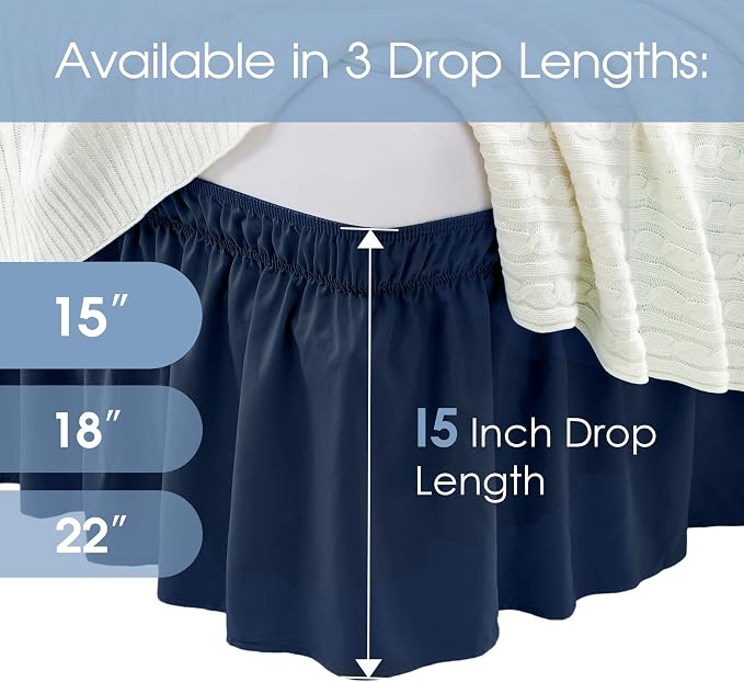 FreshCulture Twin Bed Skirt, Elastic Wrap Around Bed Skirt Twin Bed, Easy Fit with 15-Inch Tailored Drop, Hotel Quality Bed Skirts for Adjustable Bed (Navy Blue)
