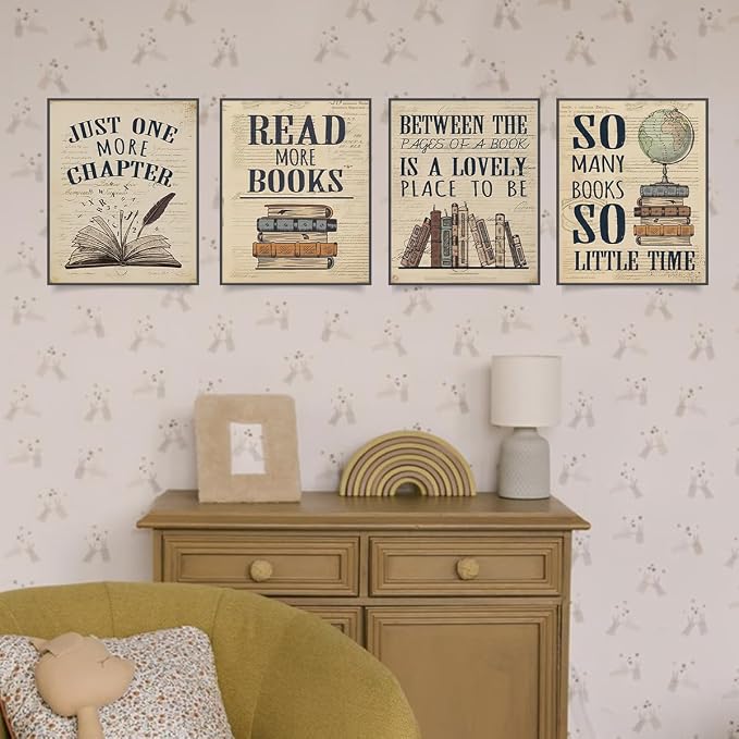 PLKMN Vintage Reading Posters for Library,Bookish Gifts | Book Club Decorations,Vintage Book Wall Art 8x10,Wall Decor for Reading Nook High School Classroom,Set of 4 Unframed