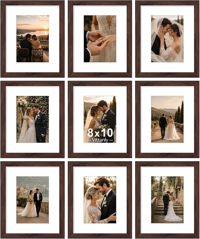 Vittanly 8x10 Picture Frames Set of 9 for Wall or Tabletop Display, Walnut | Display Pictures 5x7 with Mat or 8x10 without Mat, Small Photo Frames, Engineered Wood with Shatter Resistant Plexiglass