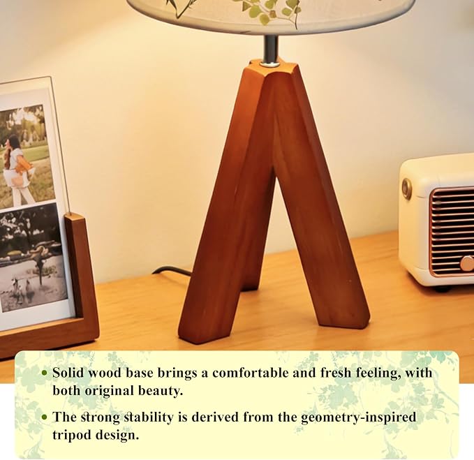 Dried Flowers Tripod Table Lamp 14.17in, 9W LED 3-Color Cute Bedside Lamp with Flowers Linen Lampshade for Nursery, Bedroom, Kid Room, Living Room, Light Brown Wooden Base