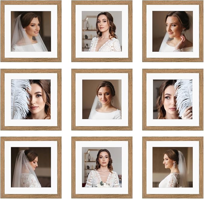 8x8 Picture Frame Set of 9, Display Pictures 4x4 with Mat or 8x8 without Mat, Multi Collage Gallery Square Photo Frames for Wall or Tabletop,Light Brown