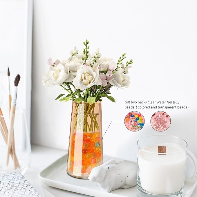 Amber Glass Vase for Flowers-6 Inch Clear Glass Flower Vases for Centerpiece，Ins Modern Boho Style Vase for Wedding Housewarming Gift(Amber, Small)