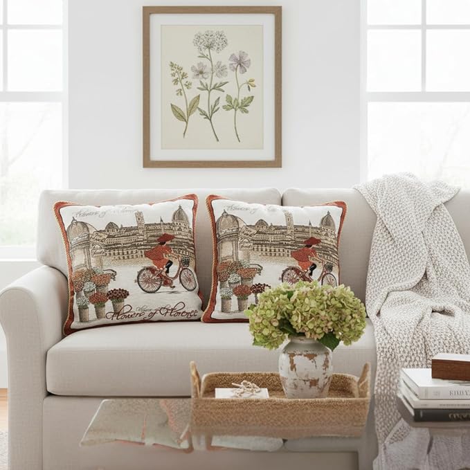 Tache Orange Burgundy Tapestry Throw Pillow Cover - Flowers of Florence- 18 Inch Square Vintage French Girl on a Bicycle- 2 Piece
