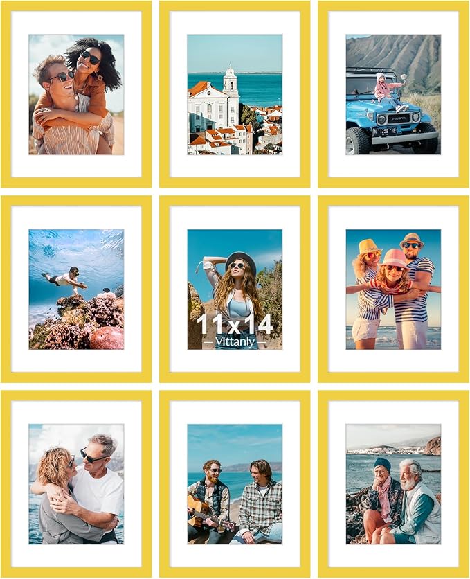 Vittanly 11x14 Picture Frames Set of 9 for Wall Mounting, Yellow | Display Pictures 8x10 with Mat or 11x14 without Mat, Engineered Wood with Shatter Resistant Plexiglass, Gallery Photo Frames