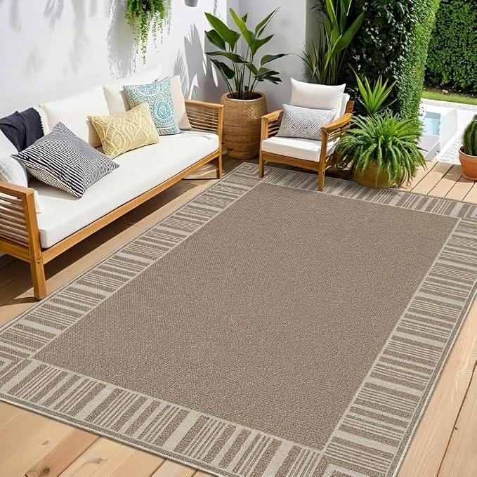 COZYLOOM Easy Jute Area Rugs 9x12 Large Living Room Rug with Rubber Backing, Washable Stain Resistant Bordered Rug Non Shedding Neutral Striped Farmhouse Carpet for Bedroom, Patio, RV, Beige Brown