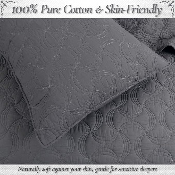 Cozy Line Home Fashions Charcoal Gray Cotton Quilt Set – 3-Piece Solid Textured Quilted Bedspread with Shams, Lightweight All Season Modern Bedding (Geometric - Gray, Queen - 3 piece)
