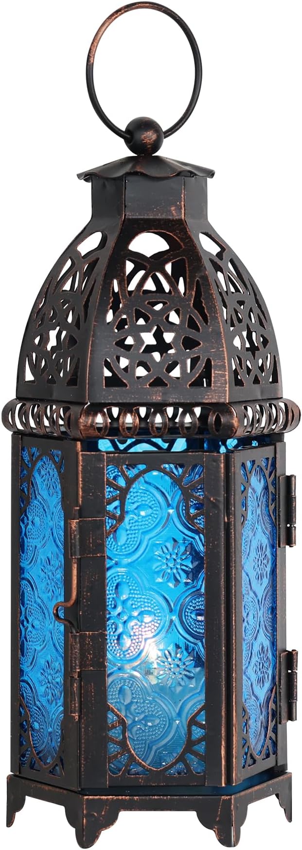 Christmas Lanterns Decorations Indoor & Outdoor, 11’’ Medium Size Vintage Metal Hanging&Tabletop Candle Holder Decor, Halloween Ramadan Decorations for Home Porch Patio(Blue)