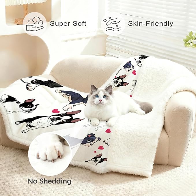 BlessLiving Boston Terrier Sherpa Blanket Queen Blanket Queen | Sherpa; Soft; BlessLiving Boston Terrier Sherpa Blanket Queen; Size; 90x90; Inches; 3D; Red; Hearts; Puppy; Dog; Print