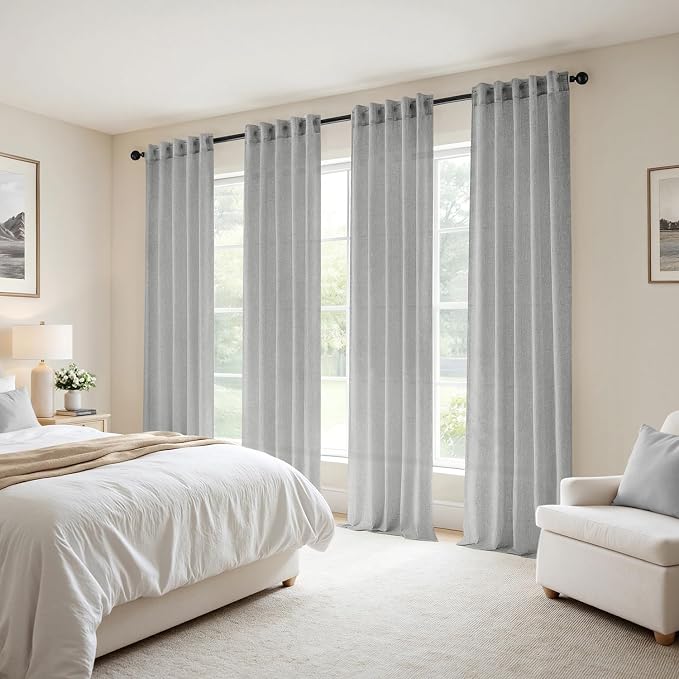 MIULEE Gray Back Tab Linen Curtains 4 Panels 42W x 96L | Linen material, light filtering, rod pocket back tab hanging, farmhouse decor for living room bedroom