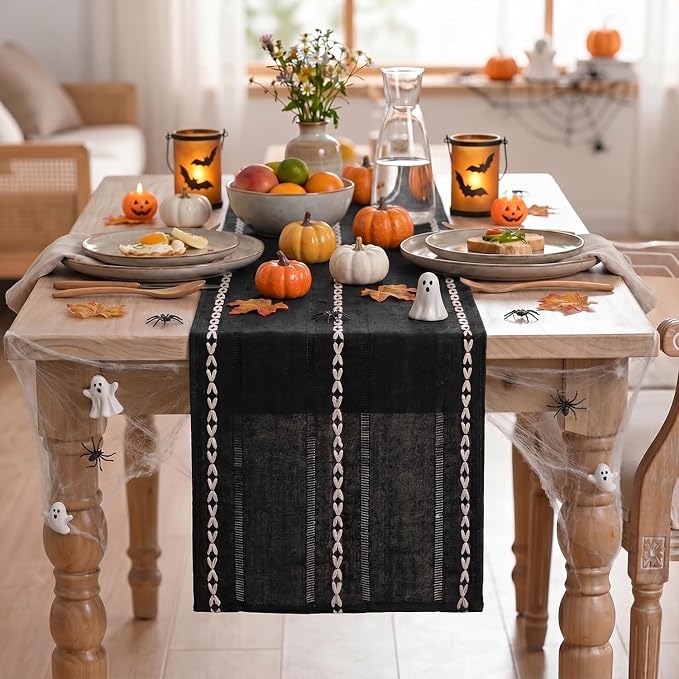 Artoid Mode Black Rustic Cotton Linen Table Runner, Seasonal Halloween Embroidered Hollow Kitchen Dining Table Decoration for Home Party Decor 13x72 Inch