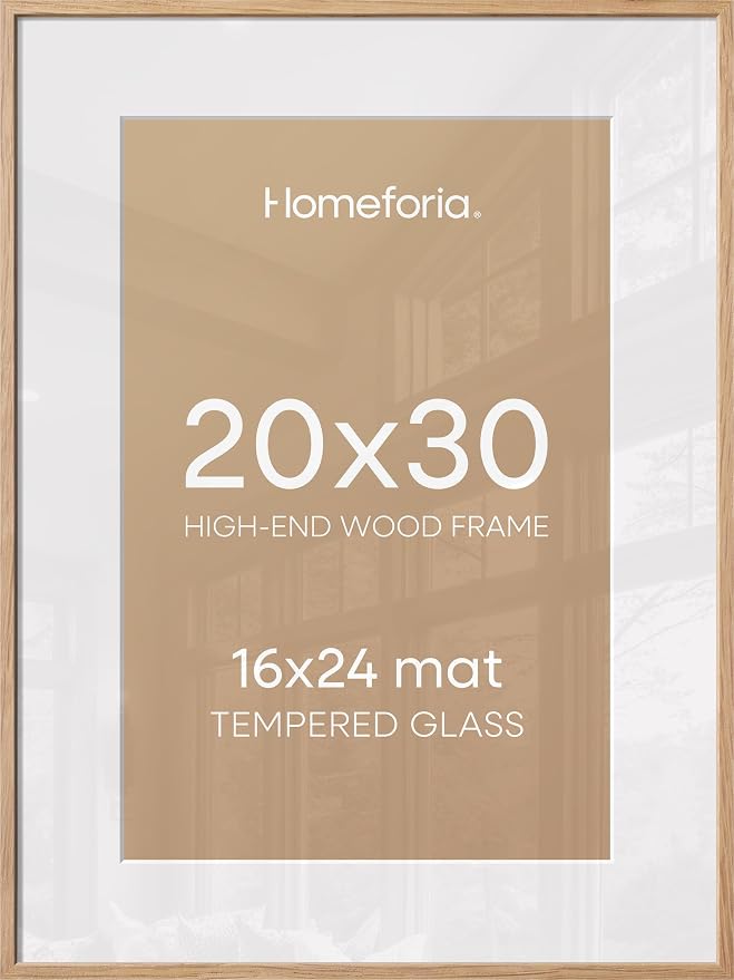 Homeforia 20x30 Natural Oak Picture Frame, High-End Wood, 16x24 Mat, Glass