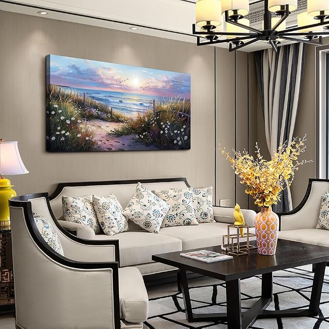 hyidecorart Canvas Wall Art For Living Room Wall DecorFor Bedroom Flower Beach Scenery Wall Painting Blue Ocean Pictures Artwork Office Decor Modern Framed Posters Home Decorations 20"X40"