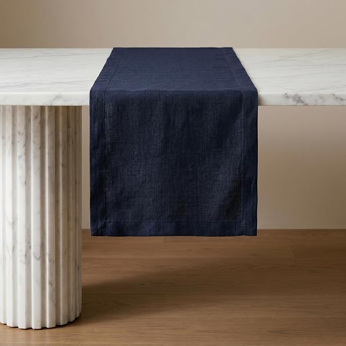 Solino Home 100% Pure Linen Dining Table Runner Navy Long, Fete 14 x 108 in | a graceful centrepiece for dining and gatherings, European flax fibres, handloomed texture, soft, fine, OEKO-TEX Certified