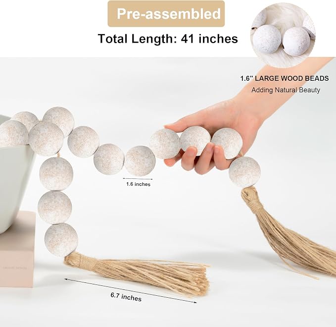OMISHE Extra Large Wood Bead Garland Rustic White with 1.6" Diameter Wooden Beads and Tassels, 41" Long Rustic Farmhouse Country Decorative Beads for Home Tray Decor, Rustic White