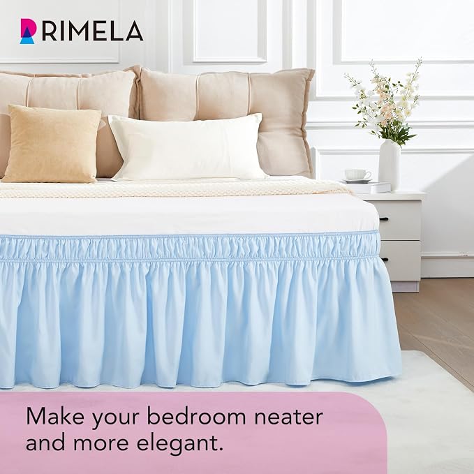 Light Blue Bed Skirt Queen Size 18" Drop, Elastic Wrap Around Bedskirt | Solid Ruffled, Easy to Use, No Mattress Lifting, Wrinkle & Fade Resistant, with Adhesive Strips, Machine Wash/Dry/Iron