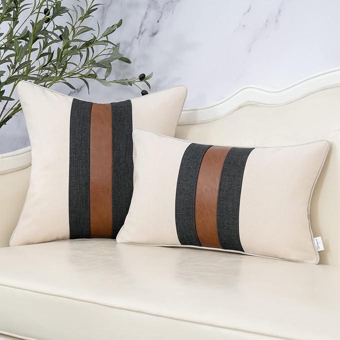 Yangest Patchwork Pillow Cover 18x18 Inch Luxury Cotton and Linen Cushion Cover Faux Leather Pillowcover for Couch Bedroom Living Room, White