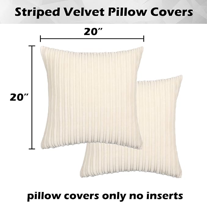Kevin Textile Striped Corduroy 20”x20” Pillow Covers 2 Pack, Cream White