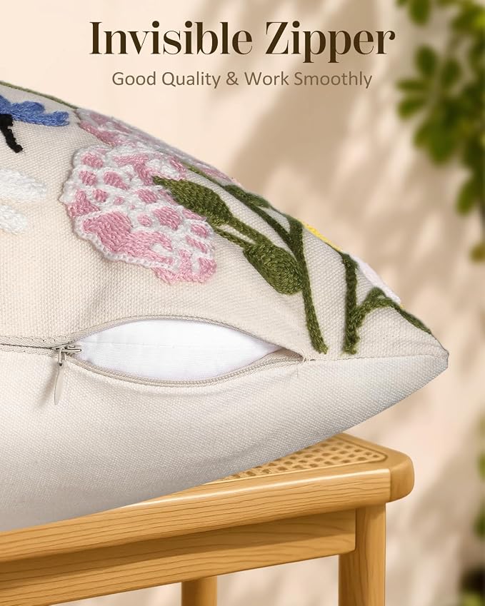 Embroidered Throw Pillow Covers 18x18 Inch, 2Pack, Retro Flower | Decorative Pillow Covers Set of 2, Vintage Cushion Cases with Hidden Zipper, Boho Decor for Couch, Sofa, Living Room