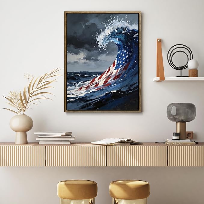 American Flag Framed Canvas Wall Art, 4th of July Patriotic Canvas Prints | USA Flag Ocean Waves Abstract Poster Print, Independence Day Wall Decor for Bedroom Living Room Office 24×36in