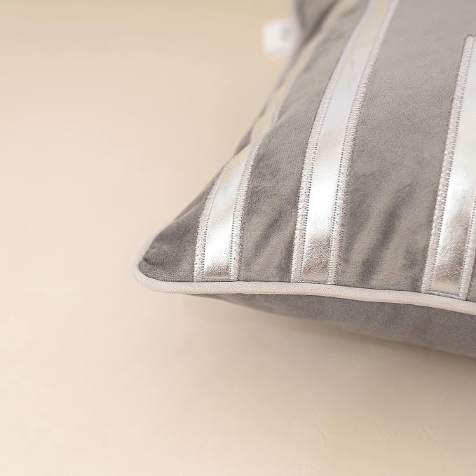 Alerfa Geometric Gold Leather Striped Throw Pillow Cover 12x20 Inch, Luxury Velvet Embroidered Decorative Lumbar Pillow Cover for Couch Living Room Bedroom, Gray