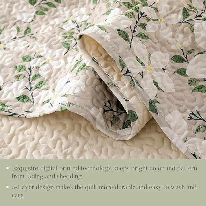 Whale Flotilla Patchwork Quilt King Size, Extra Soft Floral Leaf Bedspreads | Reversible Lightweight King Quilt Bedding Set for Bed, White Bone Printed Coverlets with 2 Pillow Shams for All Seasons