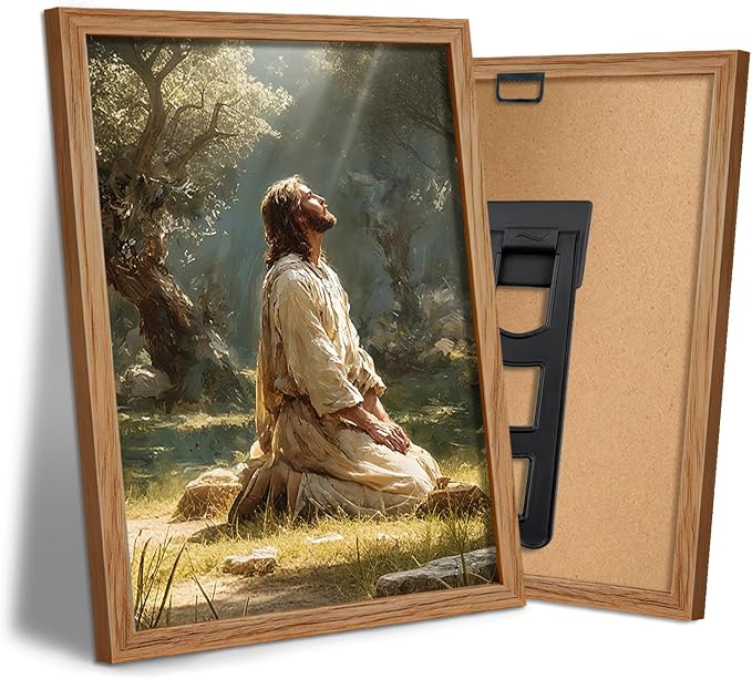 AUUAUU Jesus Praying in Gethsemane Wall Art, Wood Framed Religious Canvas Painting, Vintage Christian Wall Decor for Living Room Bedroom, 8x10 Inches Ready to Hang