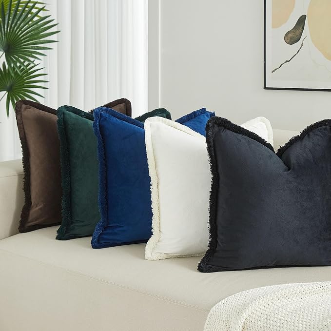 JUSPURBET Pack of 2 Ash Decorative Fringe Velvet Throw Pillow Covers 24x24 for Home Decor Living Room Bedroom Car Boho Soft Cushion Cover with Hidden Zipper Machine Washable
