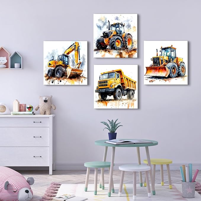 Set of 4 Construction Vehicles Canvas Wall Art Large Boys Room Pictures Decorations Cartoon Dump Bulldozer Excavator Tractor Truck Wall Decor Kids Bedroom Playroom Posters Paintings Artwork 20x20”