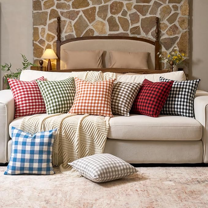Vintage Light Grey Throw Pillows Gray Gingham Plaid Pillow Covers 16x16 | Set of 2 Gray Pillow Covers 16 x 16, Vintage Farmhouse Cottage Core Decor, Grey and White Neutral Room Decor Pillow Covers