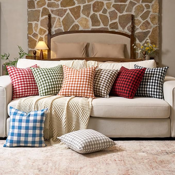 Farmhouse Brown Gingham Plaid Large Square Pillow Covers 22x22 Set of 2 | 22 x 22 Fall Winter Textured Pillow Covers, Farmhouse Vintage Cottage Core Decor, Couch Sofa Bed, Fundas Para Cojines De Sala