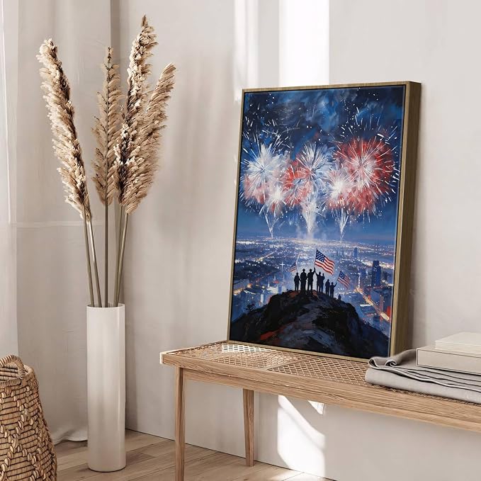 American Flag Framed Canvas Wall Art, 4th of July Patriotic Canvas Prints | Fireworks City View Poster Print, Modern Independence Day Wall Decor for Bedroom Living Room Office 6×8in
