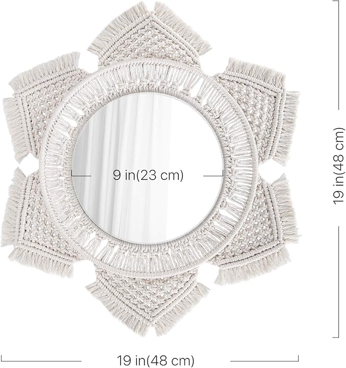 Flexzion Macrame Wall Hanging Mirror, 20 Inch Round Decorative Mirror | Boho Sunburst Wall Decor with Hand-Woven Cotton-Rope Fringe and a 9-Inch Glass Mirror; 20-Inch Overall Diameter