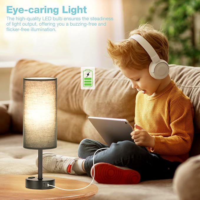 Fenmzee Black Bedside Lamp for Bedroom, Dimmable Touch, USB A+C, AC Outlet