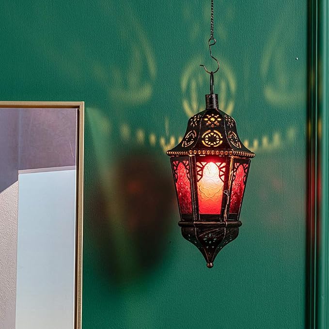 Moroccan Decorations, Lantern Decorative Indoor & Outdoor, 13.6’’ Vintage Decorative Hanging Lantern with Chain for Home Porch Patio Decor, Metal Ramadan Christmas Candle Holders(Plum Red)