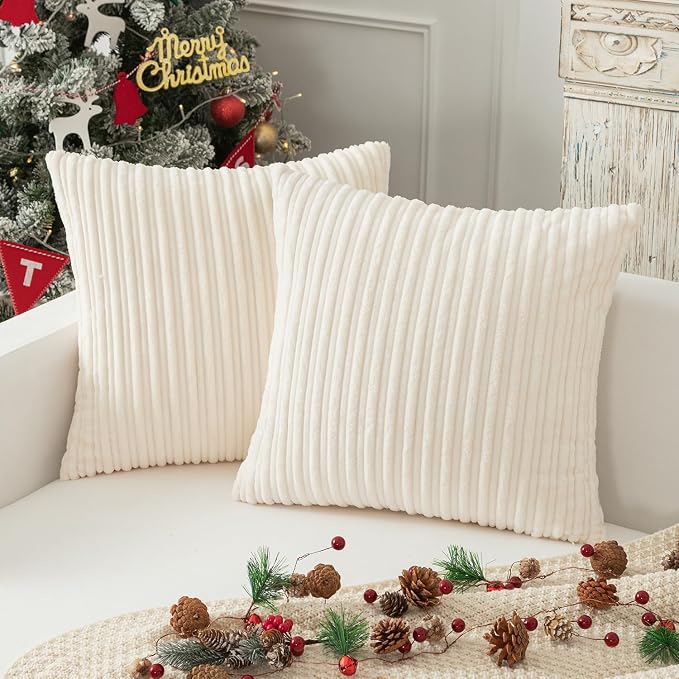 Kevin Textile Striped Corduroy 20”x20” Pillow Covers 2 Pack, Cream White