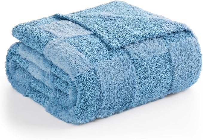 Snuggle Sac Faux Fur Throw Blanket for Couch,Knitted with Microfiber Fancy Yarn Blanket, Cozy Soft Warm Blankets for Sofa, Bedroom, Living Room, Solid Blue,50x60 inches