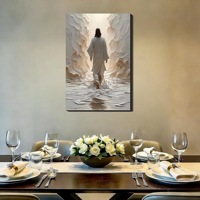 Large Jesus Walking on Water Canvas Wall Art, Christian Spiritual Picture Wall Decor, Modern Religious Posters Prints for Living Room Bedroom Church Holiday Decoration