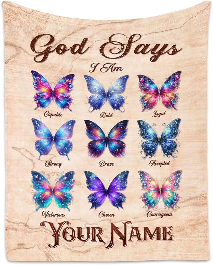 Personalized Butterfly Blanket With Name For Women, Girls & Kids - God Says I Am Fleece Fuzzy Throw For Couch, Inspirational Gift For Her & Daughter, 50"x60"
