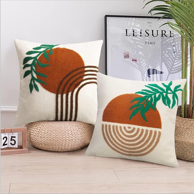 Merrycolor Orange Boho Abstract Throw Pillow Covers 18x18 Tufted Mid Century Modern Throw Pillows Sun Leaf Accent Pillow Covers Textured Boho Pillows Decorative Throw Pillows for Bed Couch Sofa