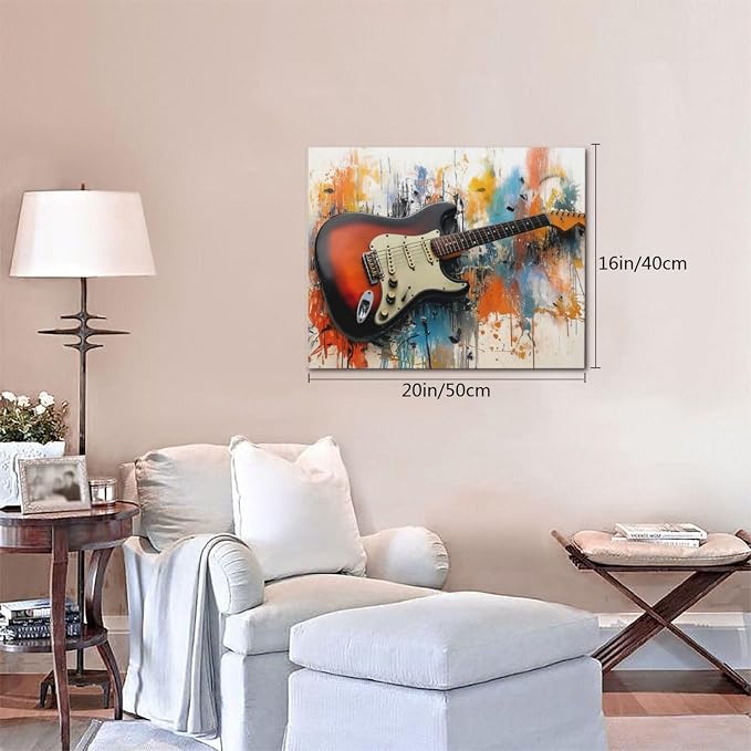 Guitar Wall Art Guitar Wall Decor Music Pictures Graffti Musical Instruments Canvas Prints Painting Artwork Splash Decoration for Music Room Bedroom Living Room Framed Gifts 16"x20"