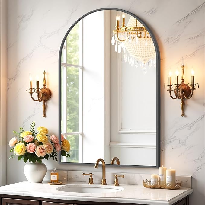 Bathroom Mirror for Wall, 38x26 Inch Arched Mirror, Matte Black Metal Framed Bathroom Vanity Mirrors for Restroom Farmhouse, Anti-Rust, Tempered Glass, Hanging or Leaning