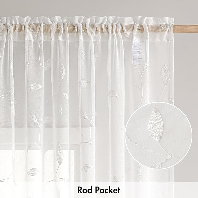 MIULEE White Sheer Curtains 2 Panels Embroidered Leaf Patterned, W52 x L54 | Embroidered Floral Semi Sheer,Rod Pocket,Faux Linen,Short Window Curtains Drapes Set for Kitchen/Bathroom/Cafe
