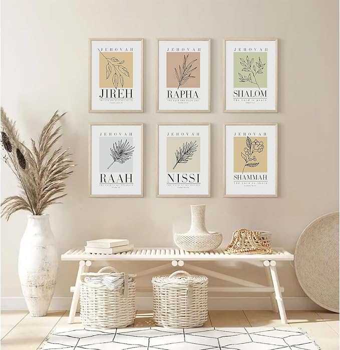 Bible Wall Art Print Set of 6 Christian Scripture Wall Art Decor Jehovah Jireh Rapha Shalom Shammah Nissi Raah Wall Art Bible Verse Poster Modern Minimalist for Bedroom Home 8x10 Inch Wood Framed